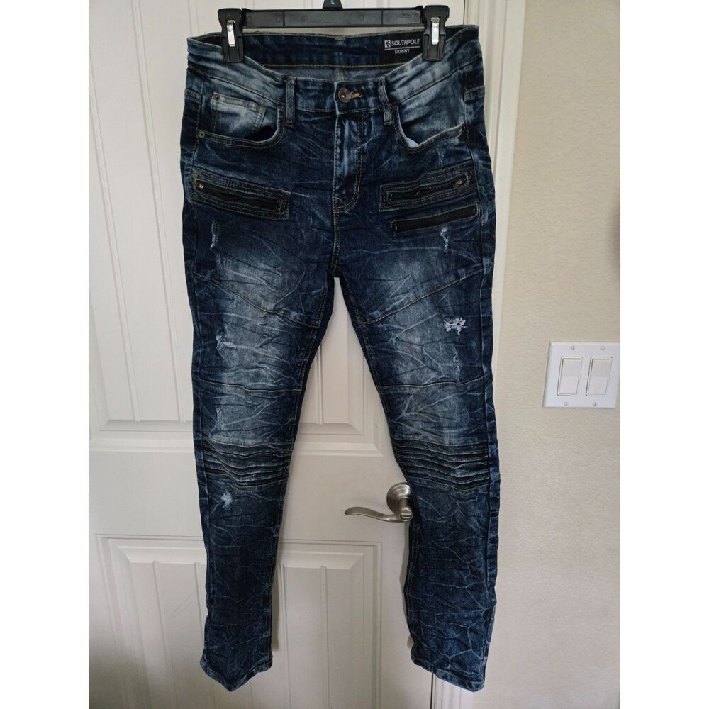 Southpole Men’s 32x32 Skinny Moto Jeans Blue Distressed Acid Wash Biker Denim